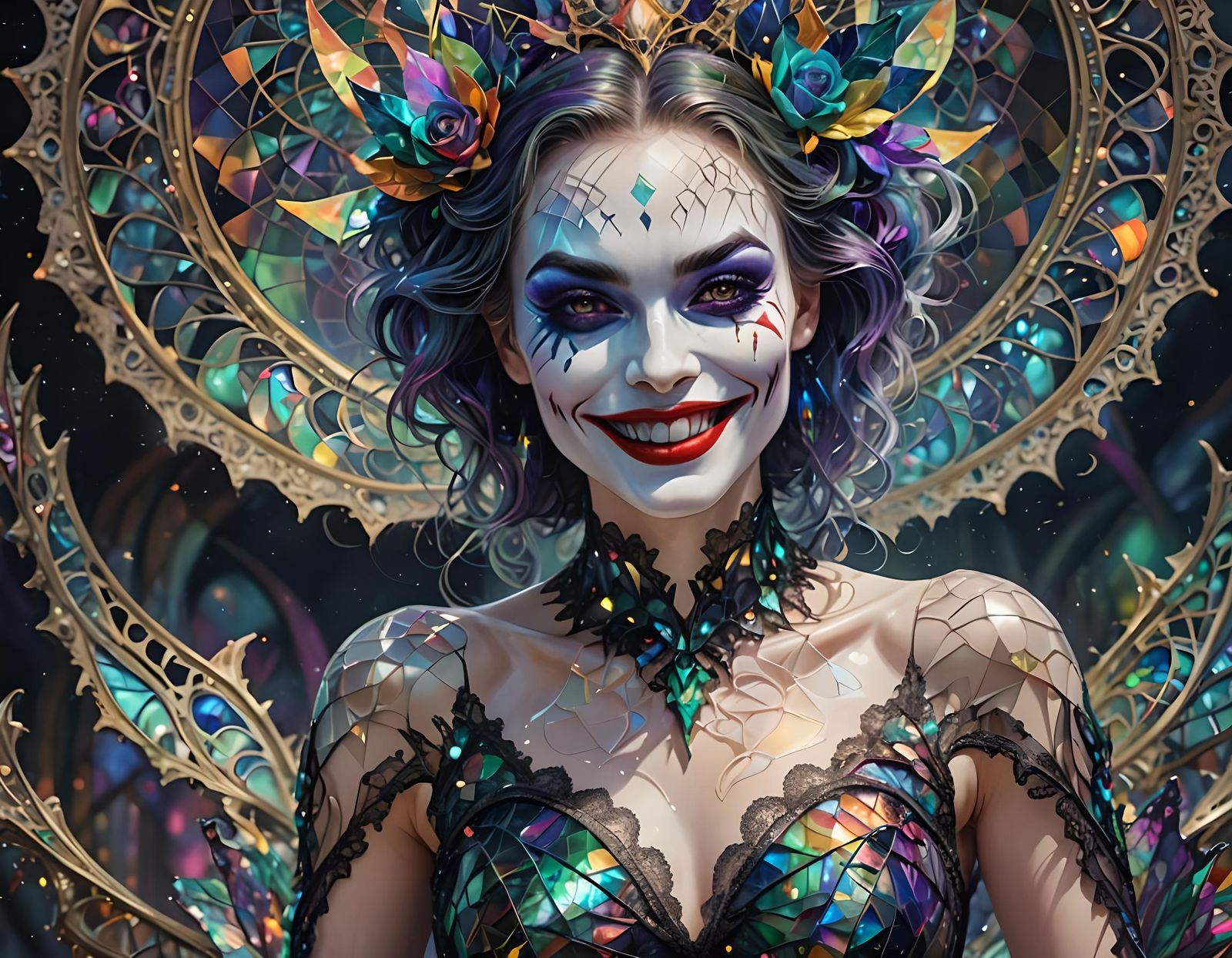 Woman with Joker Smile in Fractal Lace