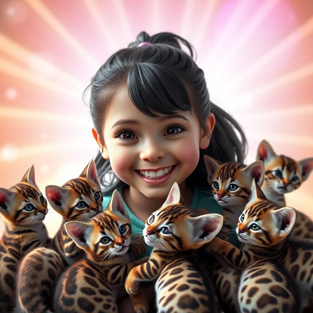 Girl Surrounded by Bengal Kittens in 3D CGI Style