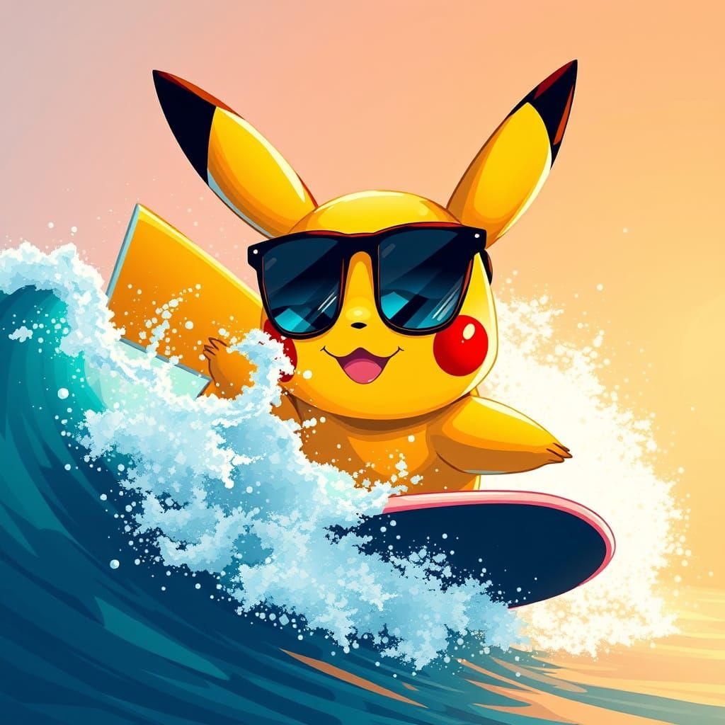 Pikachu in Vibrant Pixelated Surf Scene with Anime Aesthetic