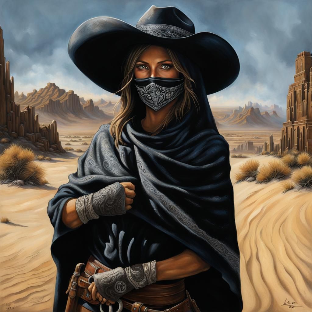 Mysterious Cowgirl in Western Town by Lee Bogle