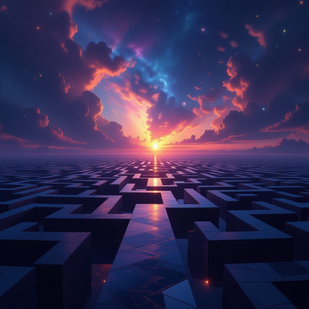 Surreal Infinite Labyrinth Under Galaxy Sky