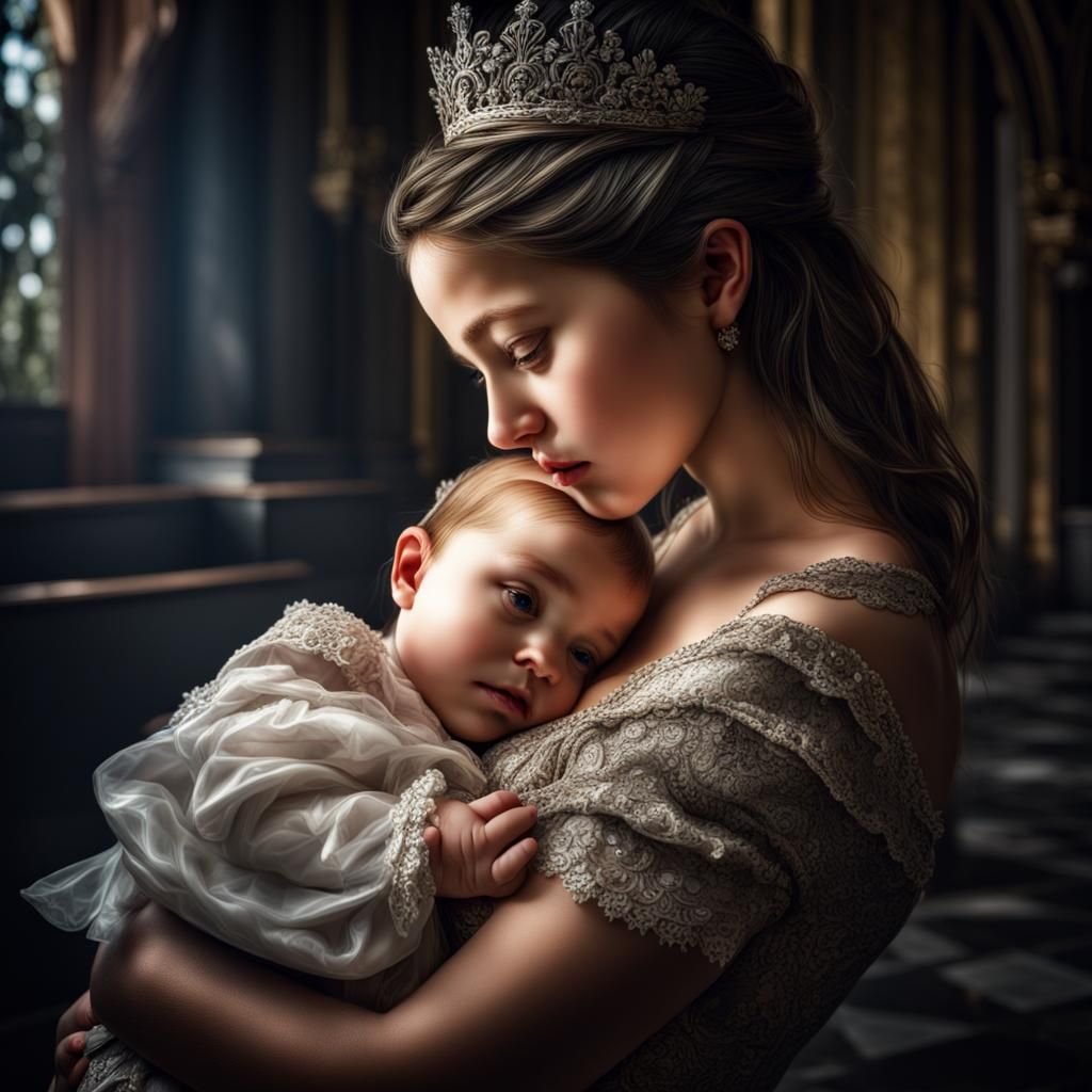 Princess and Baby in a Hyperrealistic Style