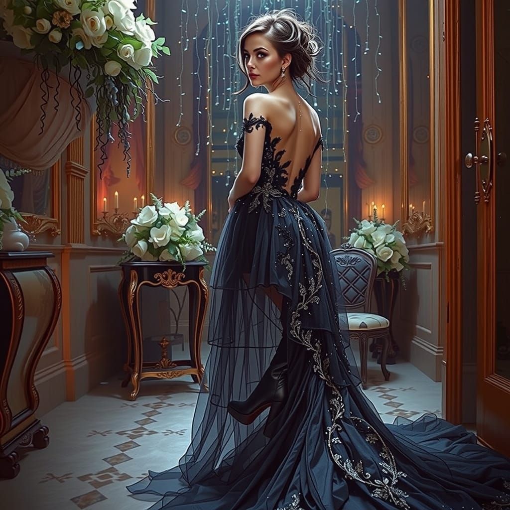 Goth Bride in Sparkling Wedding Attire with Glittering Text