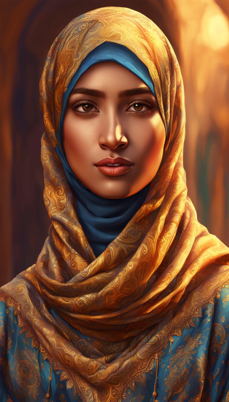 Zahia in Hijab: Vibrant Oil Painting Portrait