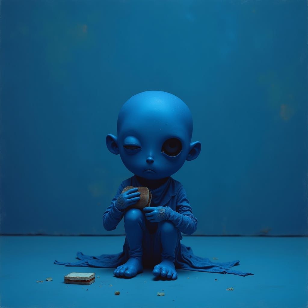 Blue Creature's Monochromatic Meal: Dreamy Art