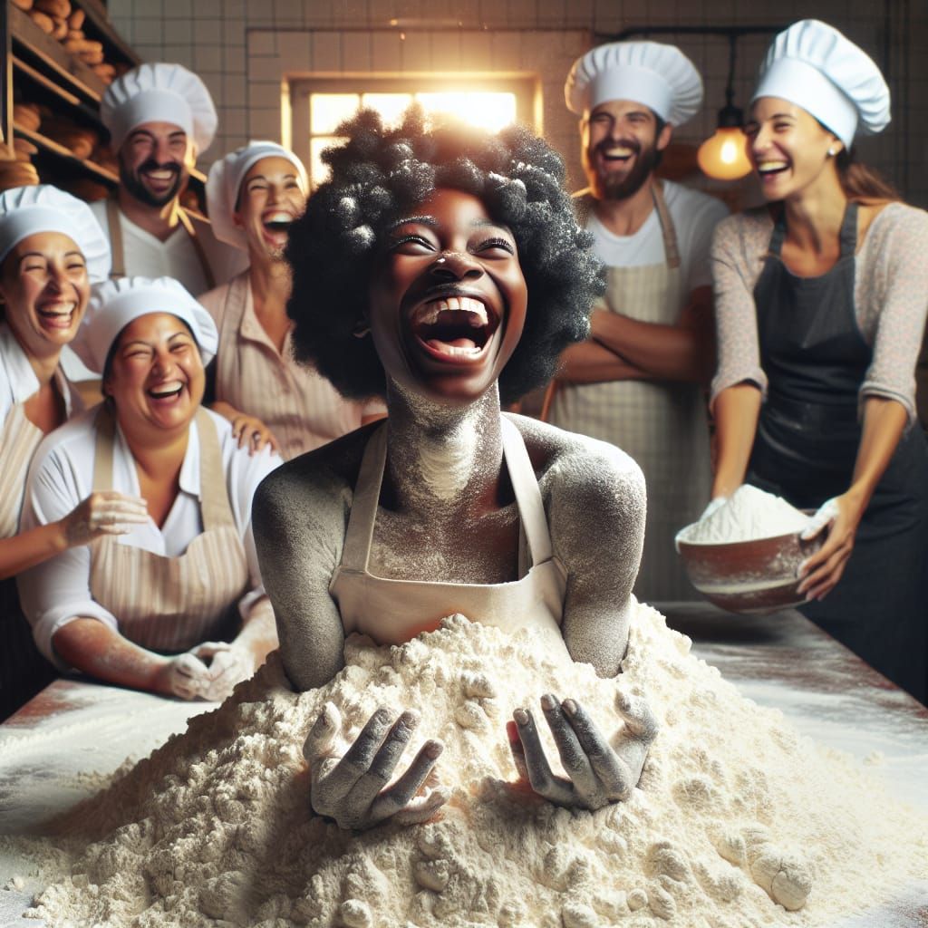 Joyful Baker Covered in Flour in a Cozy Bakery