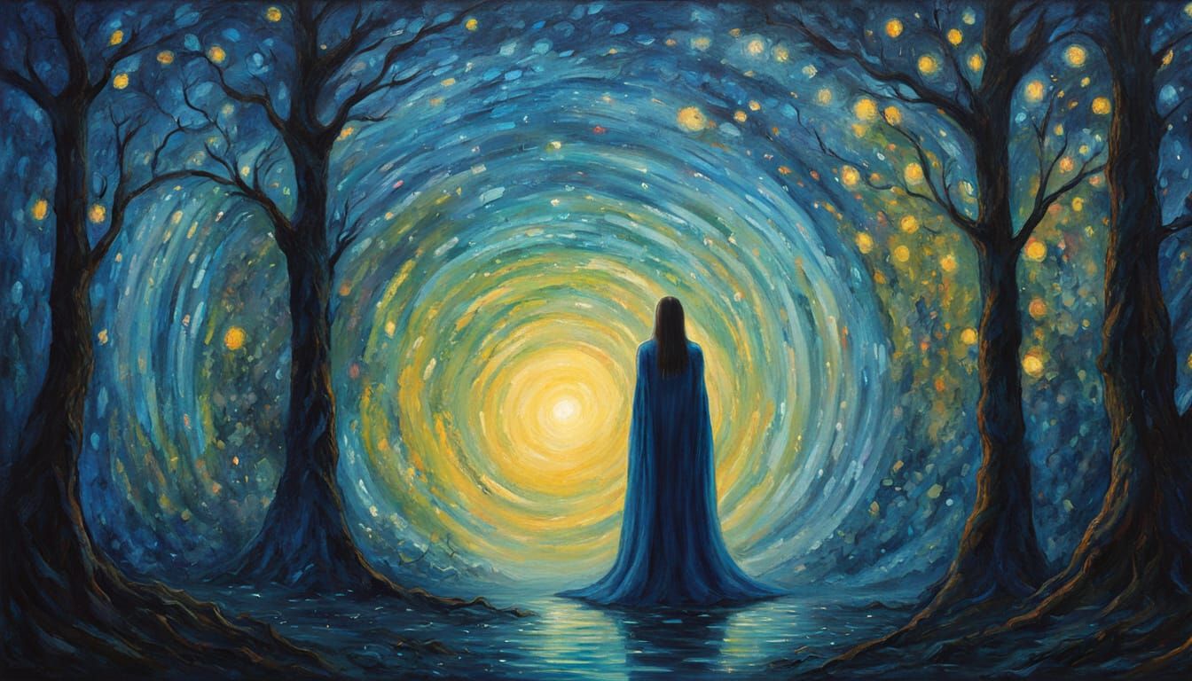 Mystical Figure in Neo-Impressionist Forest Portal