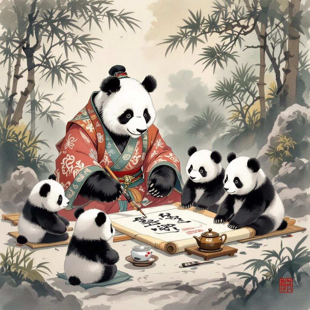 Panda Elders Teach Calligraphy in Watercolor Garden