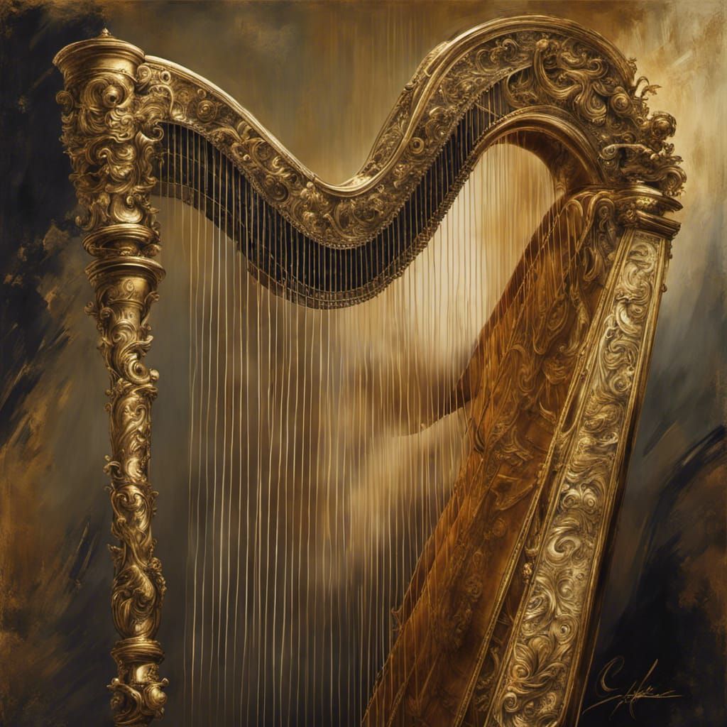Detailed Golden Harp in Baroque Renaissance Style