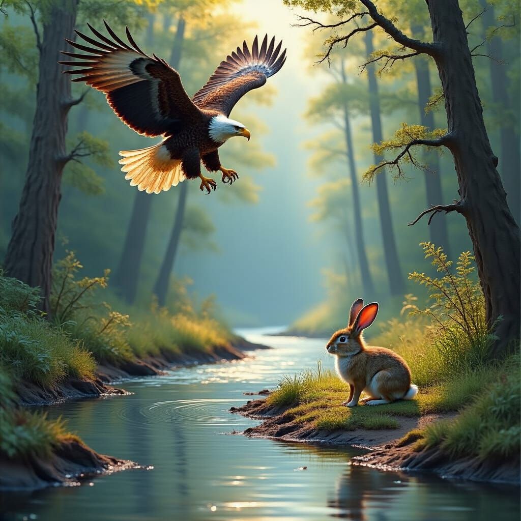 Eagle Hunting Rabbit by River, Wildlife Art Style