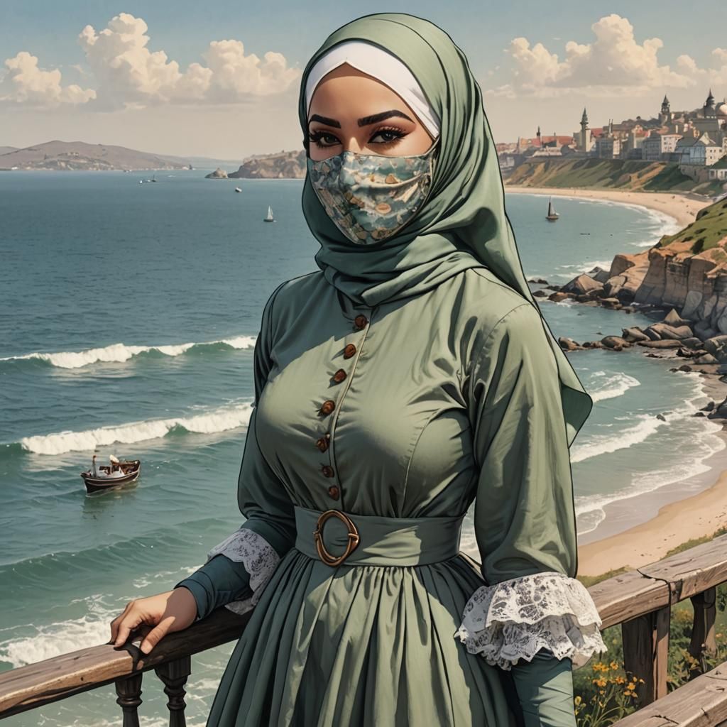 Victorian Woman with Hijab by the Sea