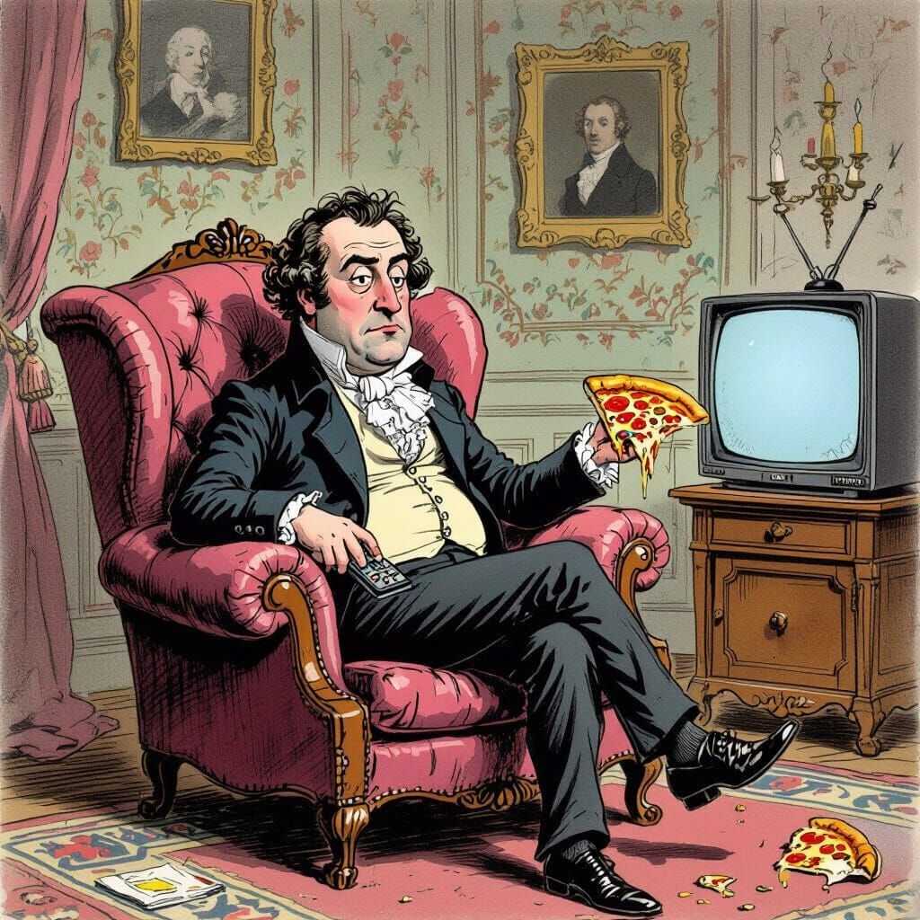 Man Watching TV in William Hogarth Cartoon Style
