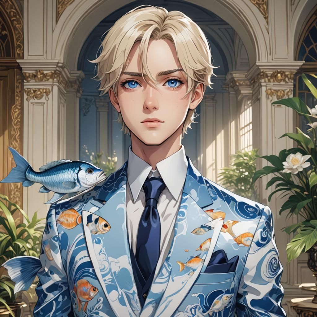 Anime Prince in Blue Suit with Fish Design