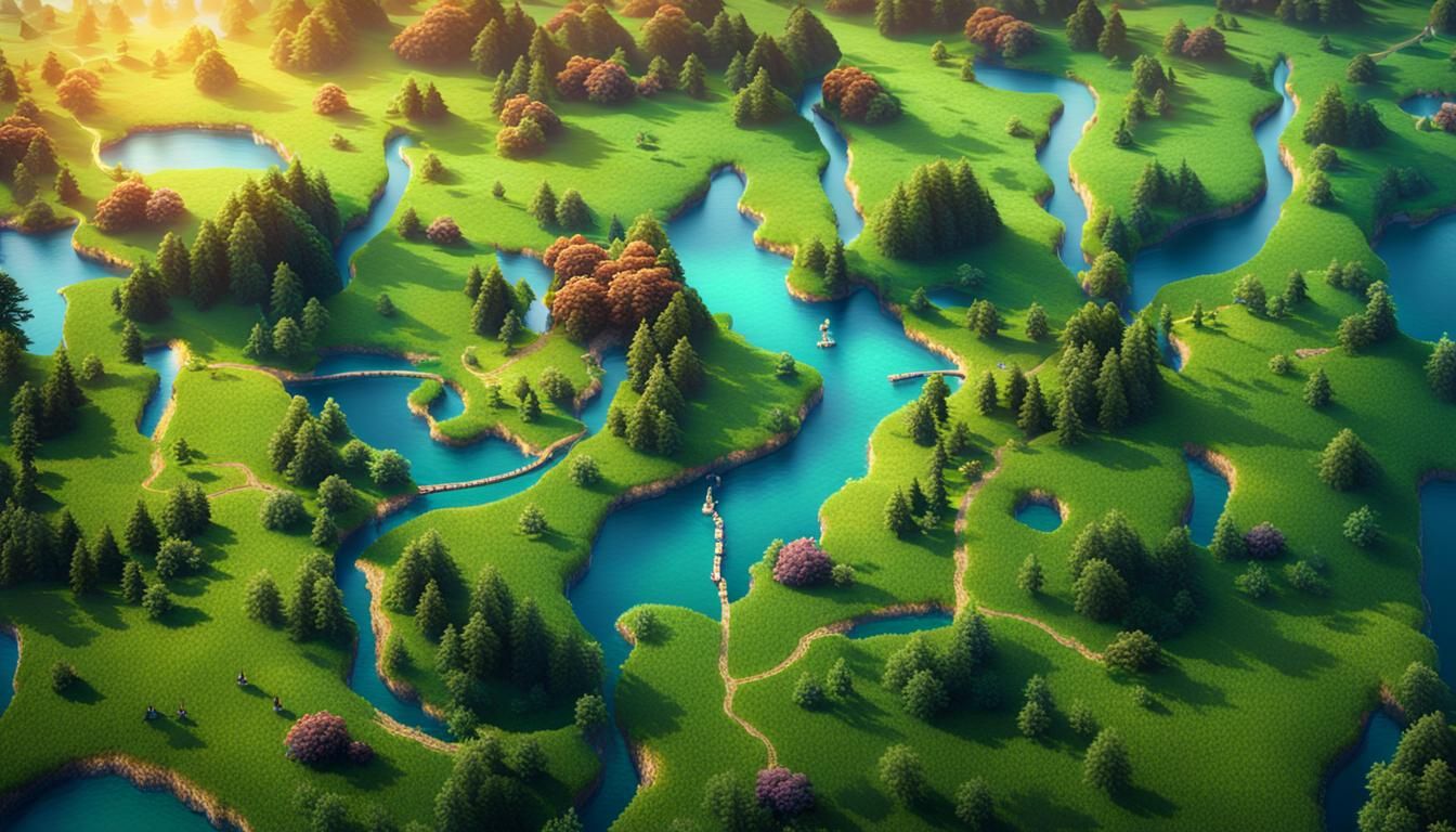 Detailed Game Map with Water, Grass, and Mountain Tiles