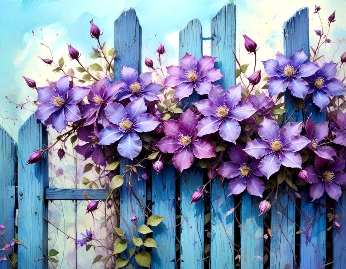 Vibrant Clematis Blooms on a Faded Garden Fence