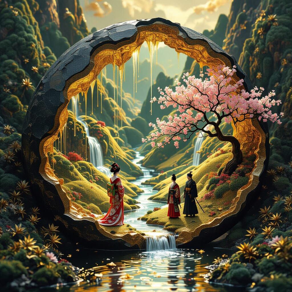 Geode Unveils Liquid Gold Landscape with Geisha and Samurai