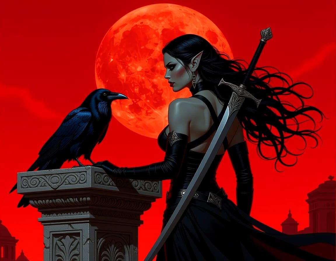 Dark Drow Elf Warrior in Blood Red Sky