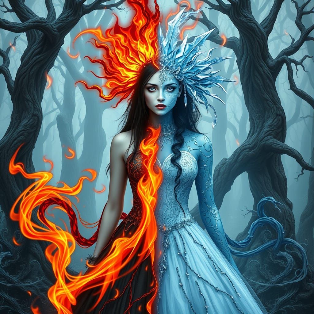 Ethereal Goddess Divided by Fire and Ice in Mystical Forest