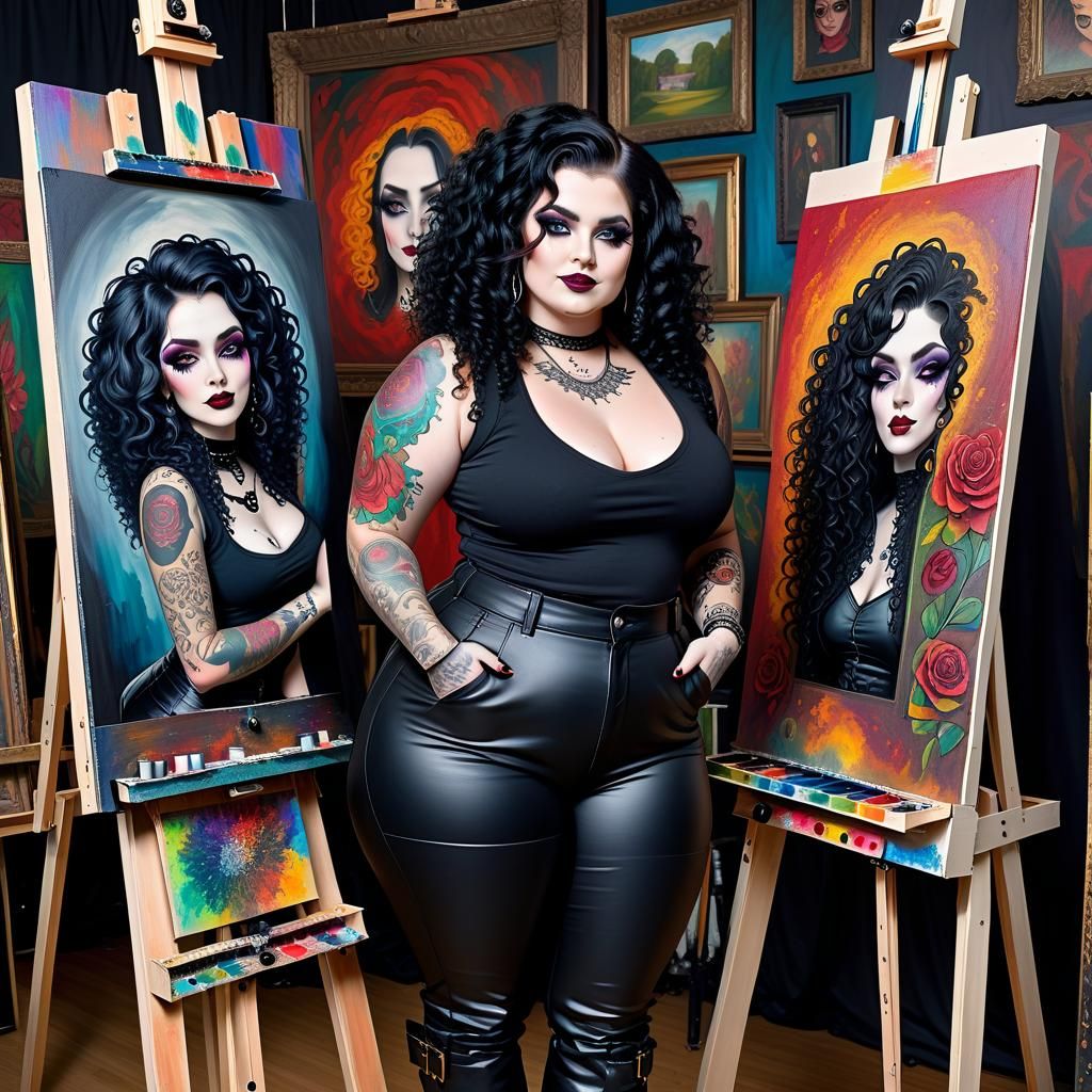 Beautiful Goth Woman Painting an Elaborate Masterpiece