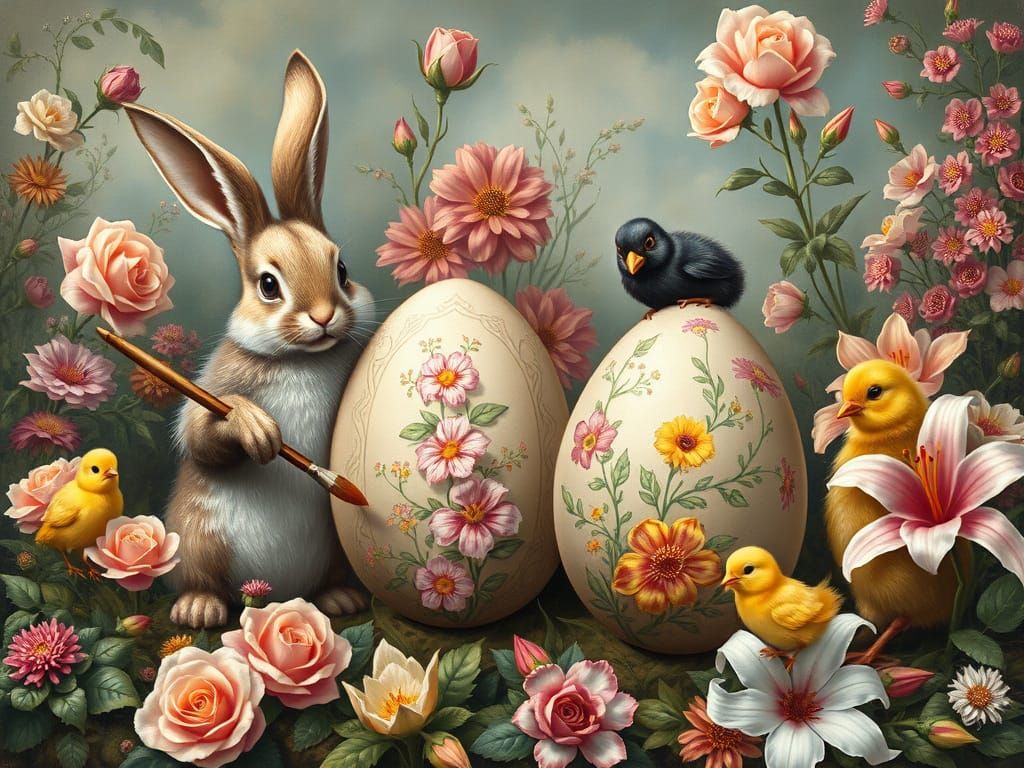 Easter Bunnies Painting Eggs in Vintage Style