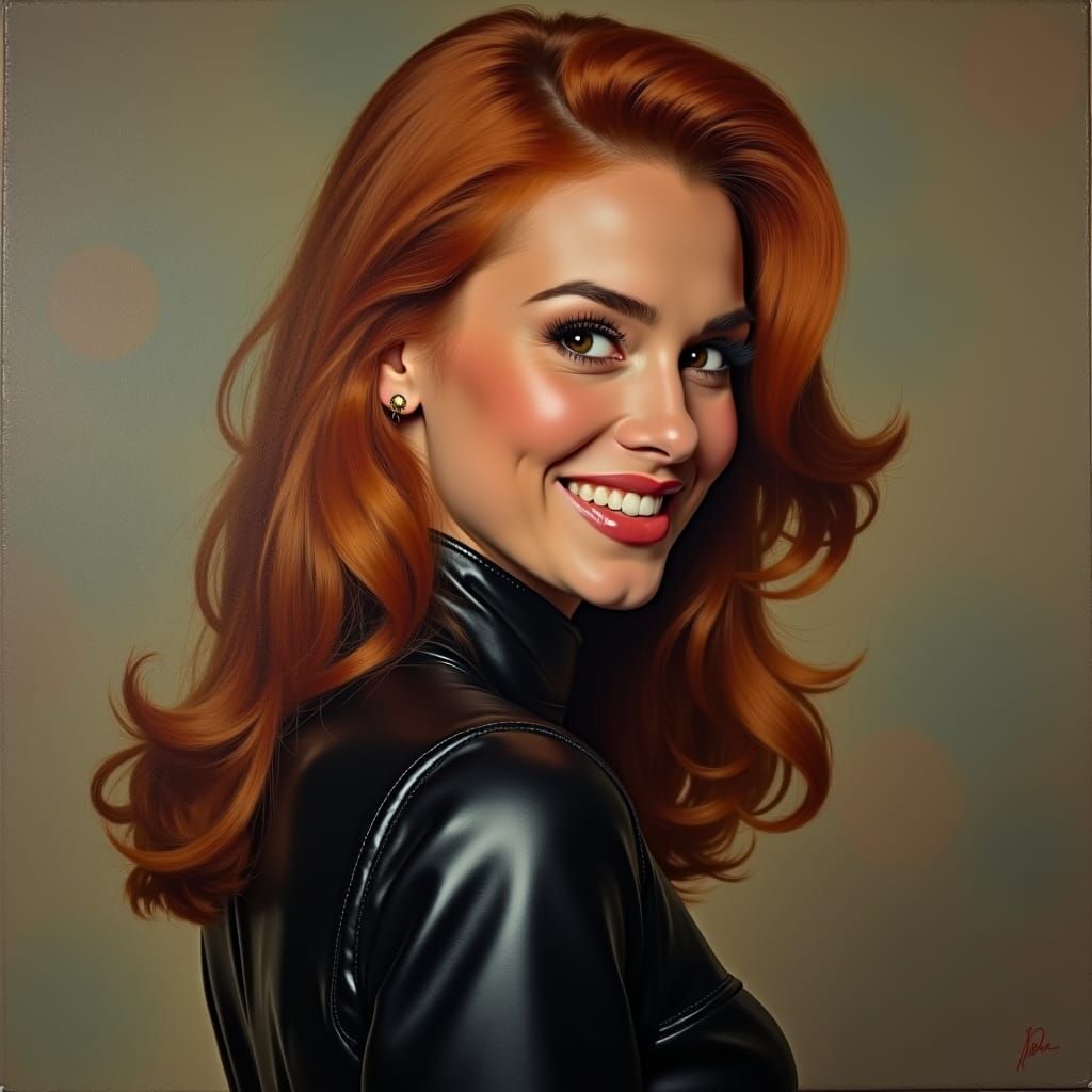 Beautiful Woman in Leather Blouse, Oil Portrait