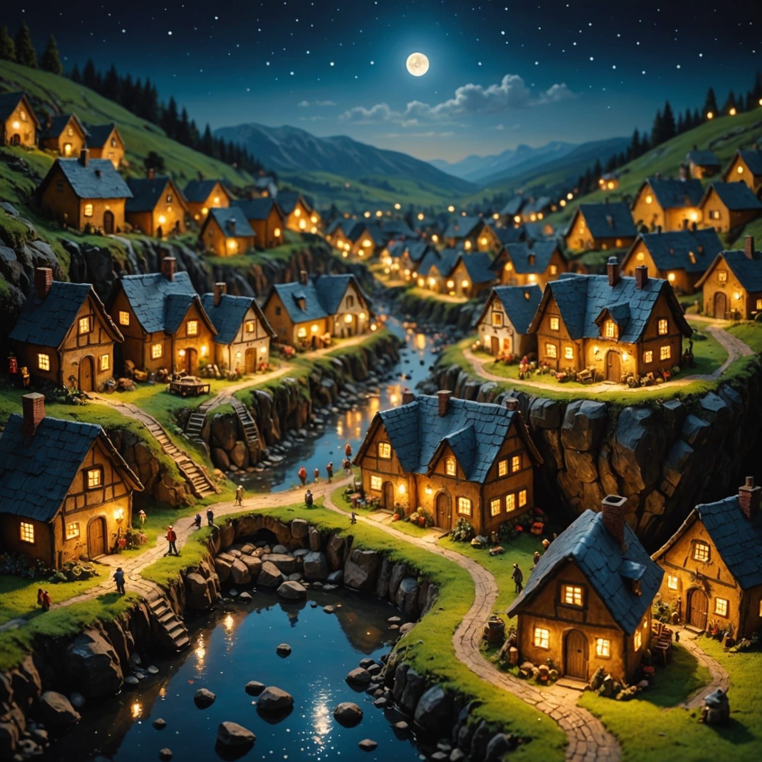 Underground Miniature Village Illuminated as Impasto Paintin...