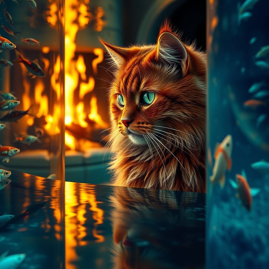 Red Cat Gazing at Fish Aquarium, Hyperrealistic Art