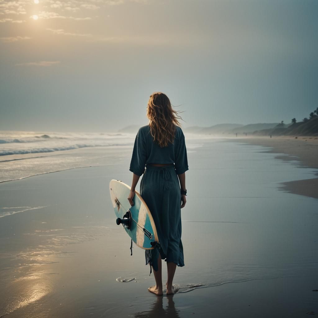Young Woman with Surfboard on Misty Beach at Dawn