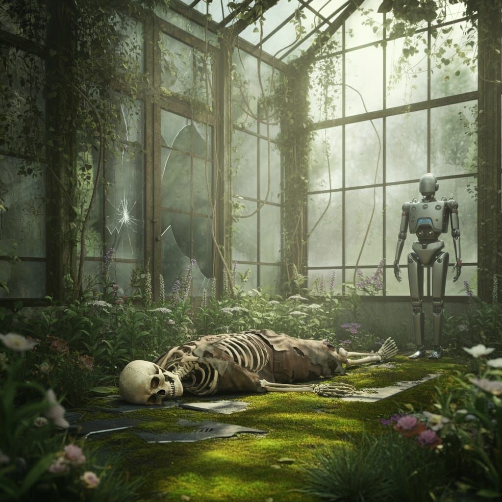 Skeleton Guarded by Android in Overgrown Greenhouse