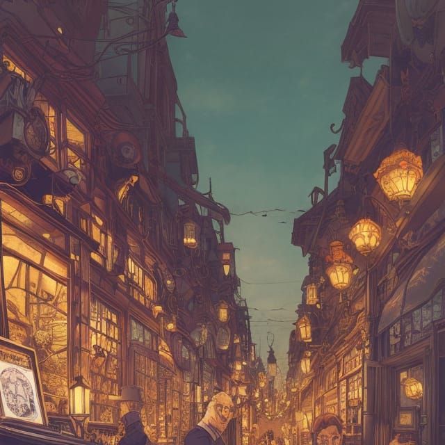 Antique Shop on Victorian Street: Colorful Digital Art