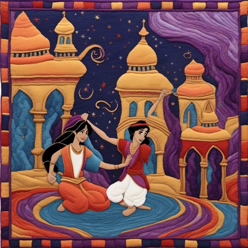 Aladdin and Jasmine in Agrabah, 1001 Nights scene with a mischievous genie in the magic lamp, colorful whimsical Disney ...