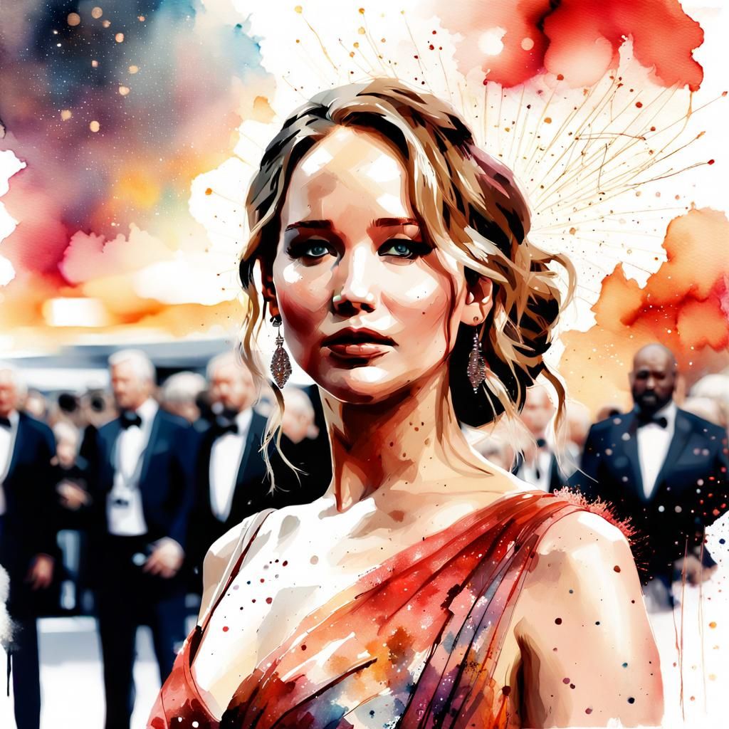 Jennifer Lawrence on Red Carpet in Watercolor Style