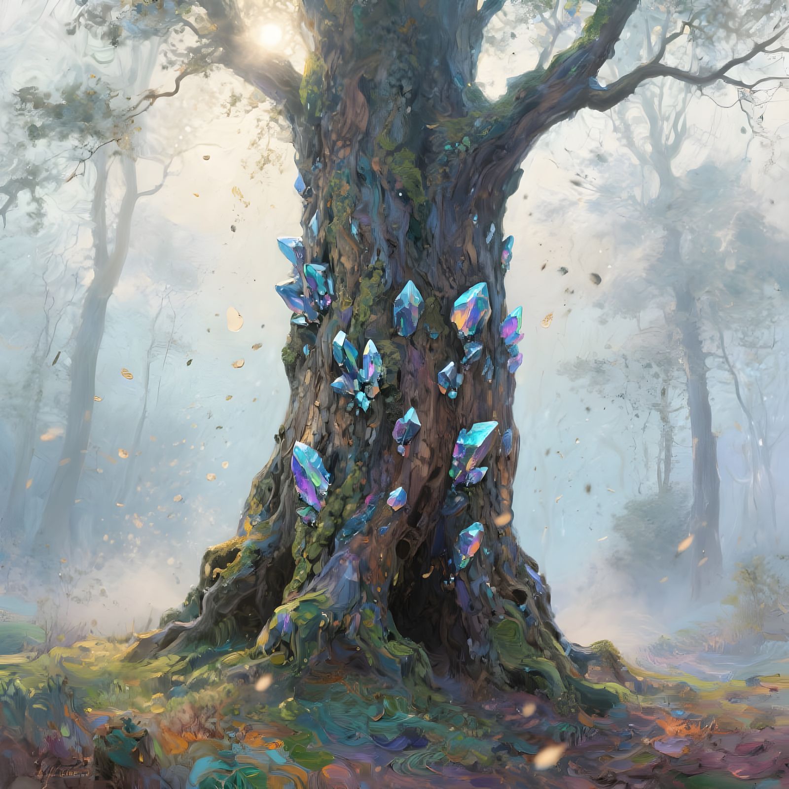 Ancient Tree with Bismuth Bark in Misty Forest