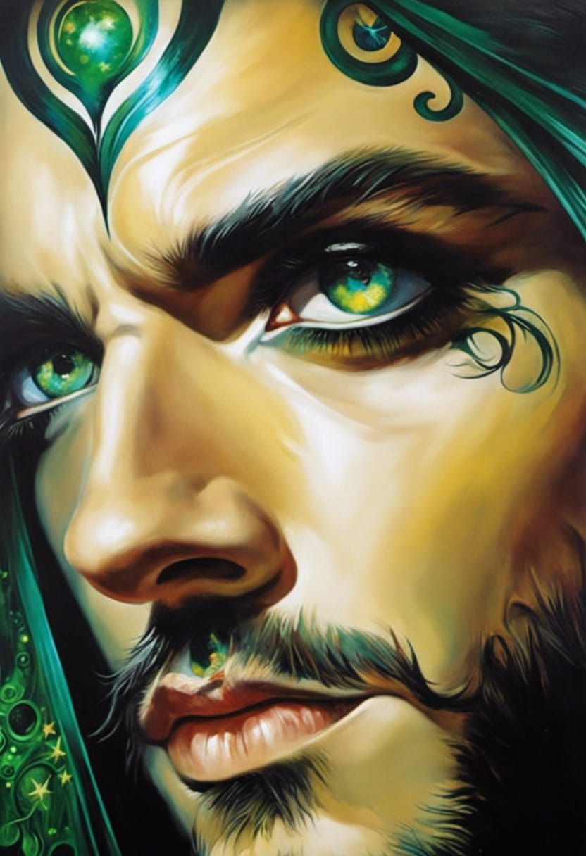 Beautiful Man with Supernova Eyes in Oil Painting Style