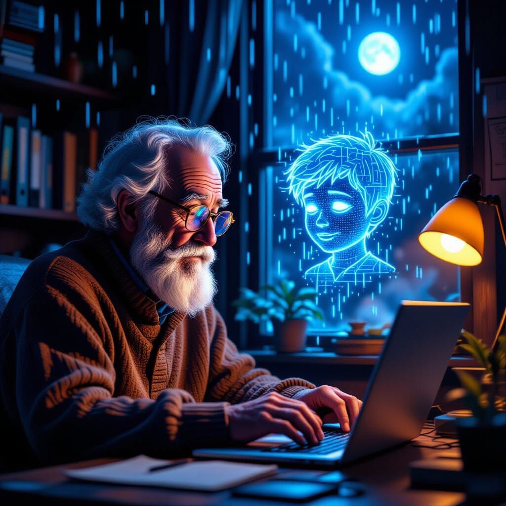 Gepetto Coding with Holographic Boy, Painterly Style
