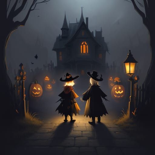 Children Trick-or-Treating in Spooky Halloween Concept Art