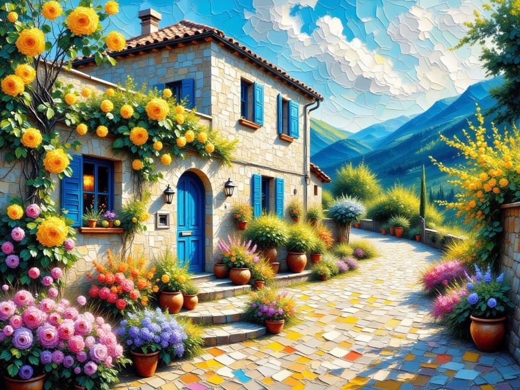 Impasto Masterpiece of a Seaside Villa in Vibrant Colors
