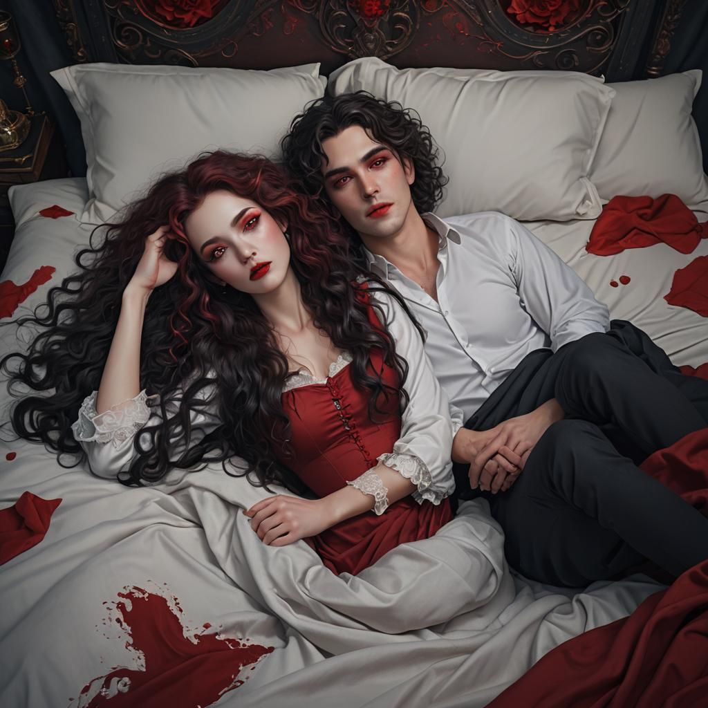 Woman with Red Eyes Laying in Bed in Fantasy Art