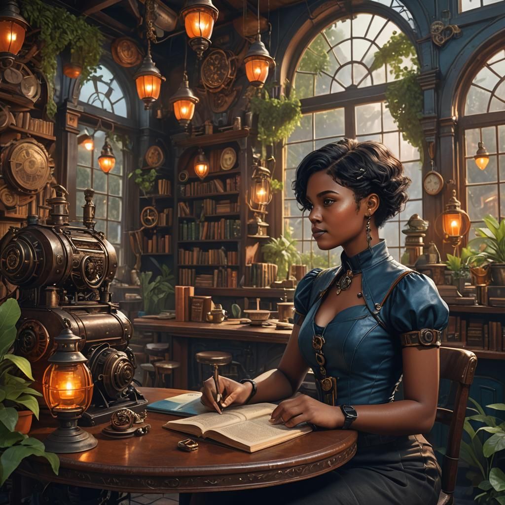 Steampunk Cafe: Woman Reading in Oranges and Blues