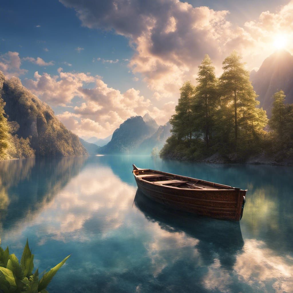 Lake Boat at Sunrise: Ethereal Fantasy Scene