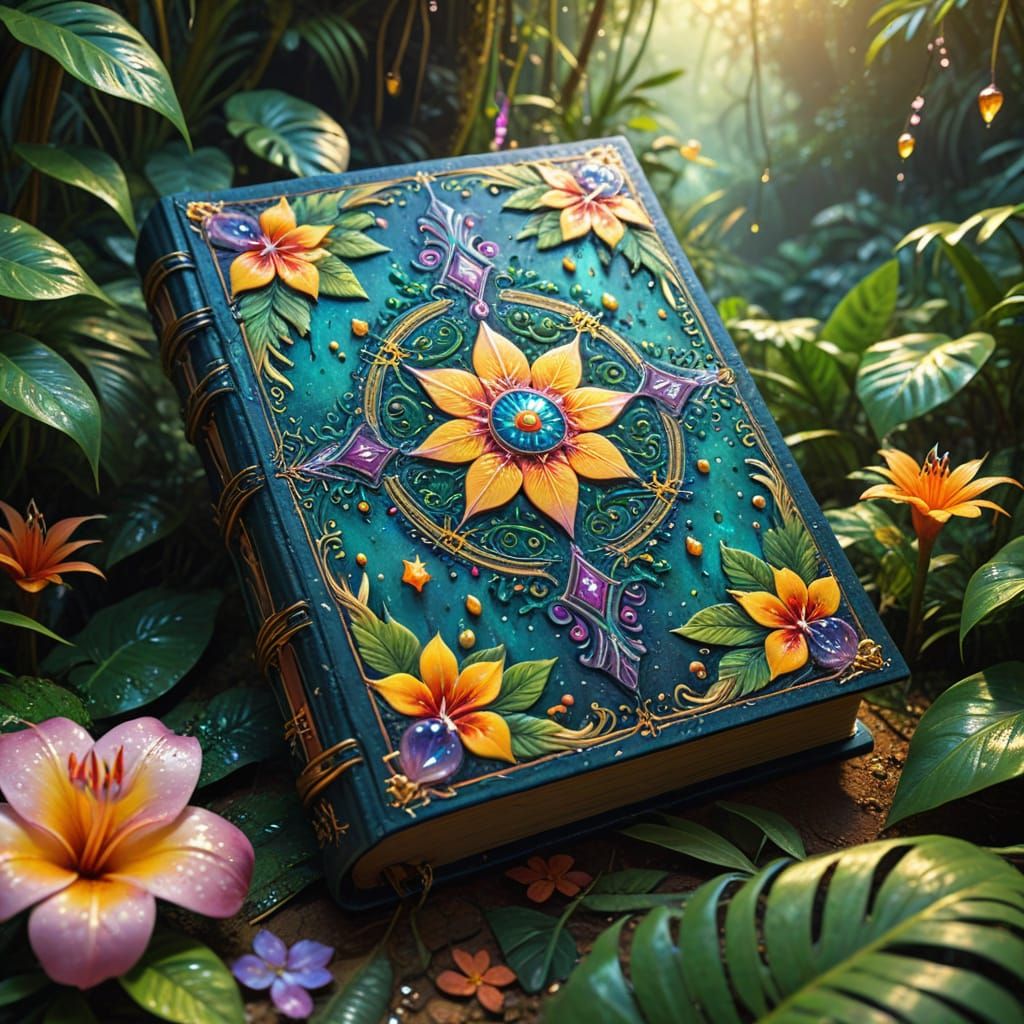 Lush Jungle Scene with Ancient Grimoire