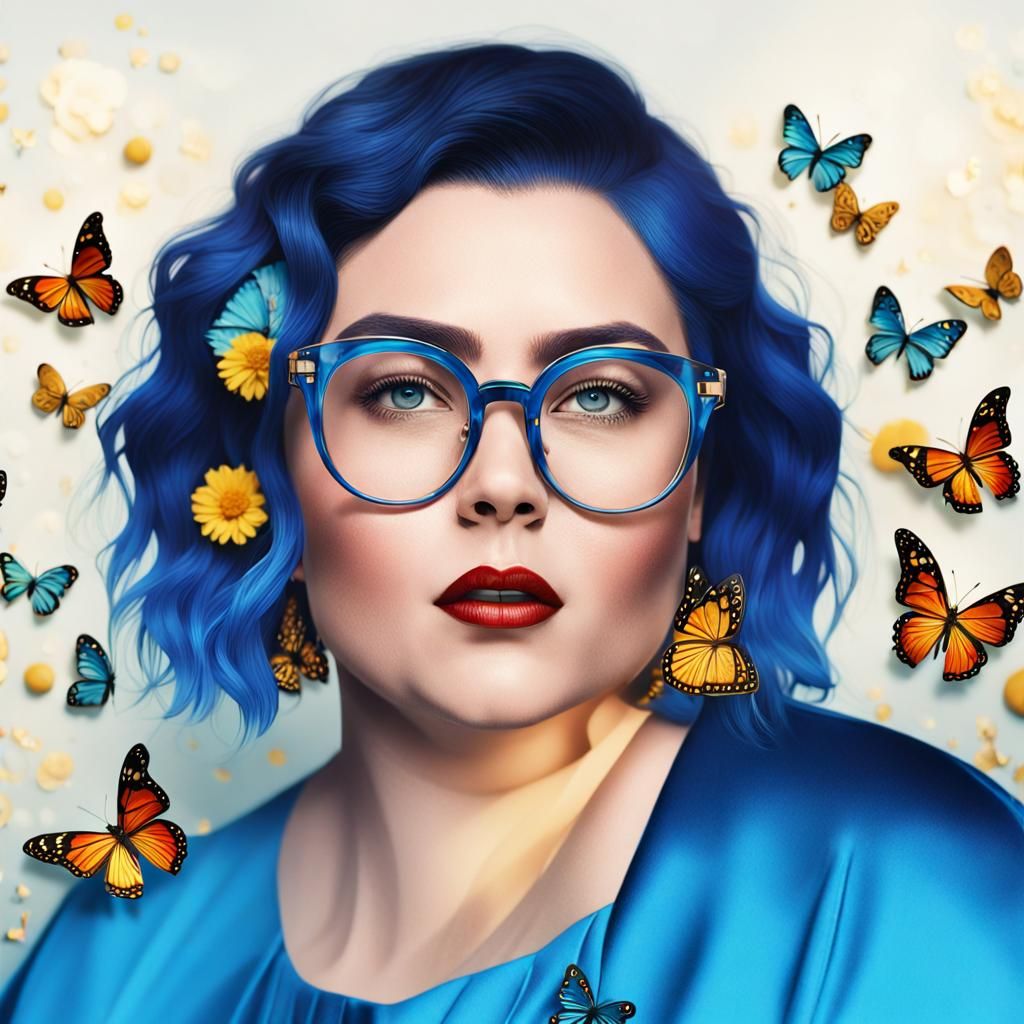 Woman with Blue Hair in Floral Scene