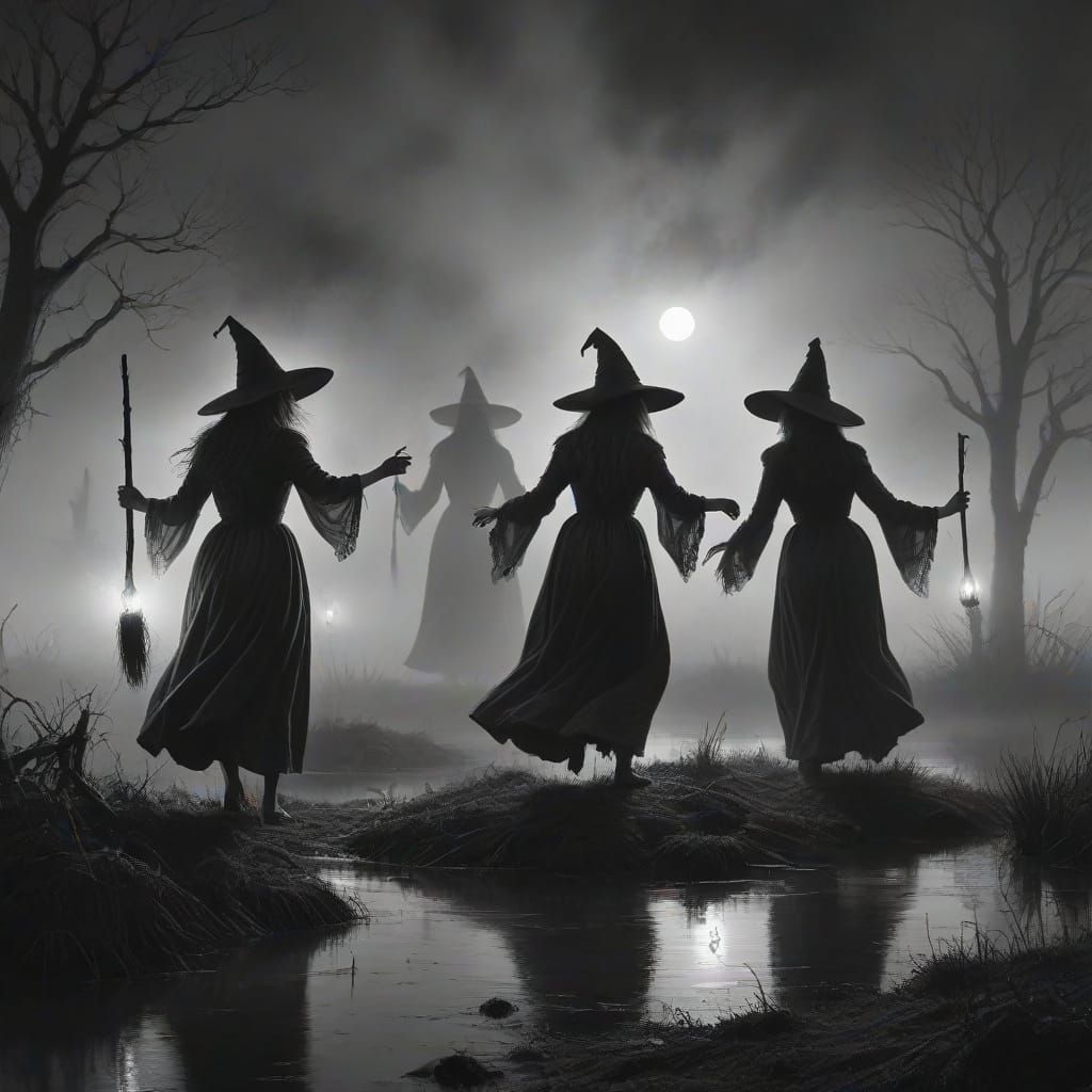 Surreal Witches' Gathering in Midnight Fog