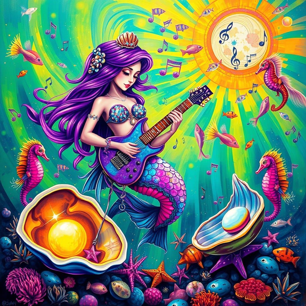Vibrant Mermaid Rock Band in Kaleidoscopic Underwater Scene