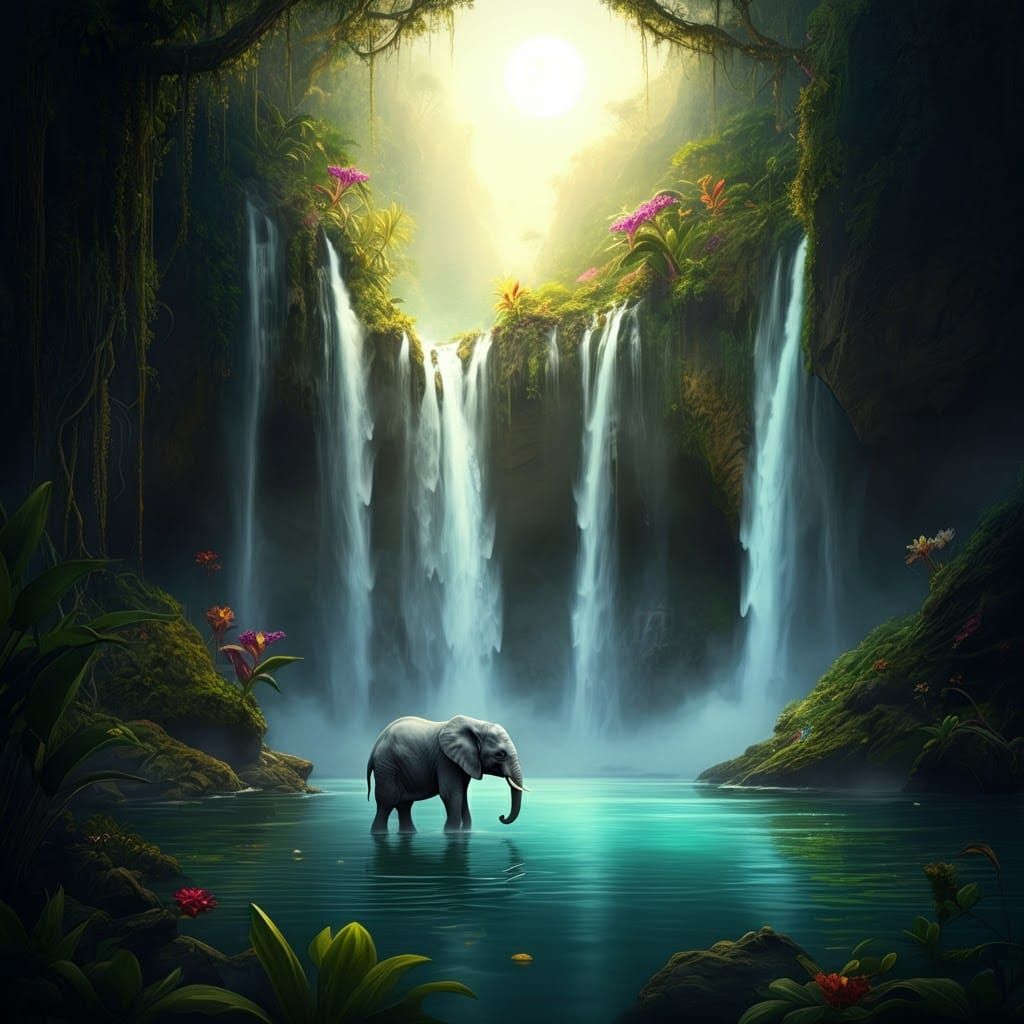 Luminous Lagoon: Baby Elephant in Jungle Paradise