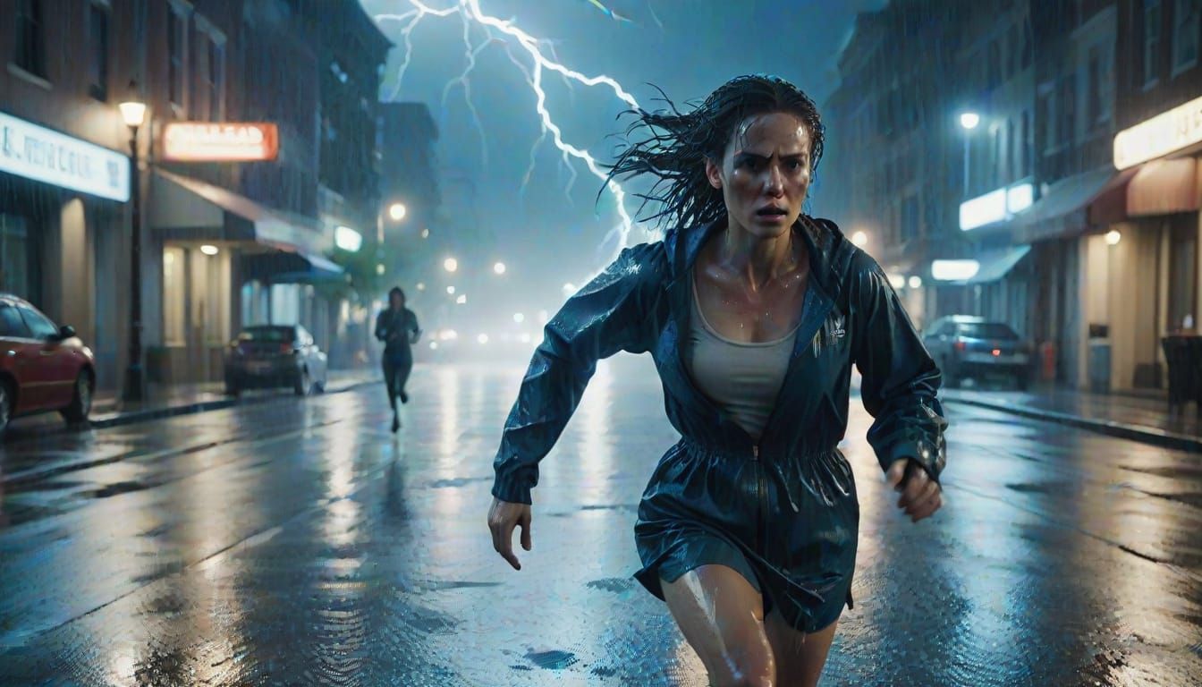 Woman Runs on Rainy Street in Cinematic Film Still