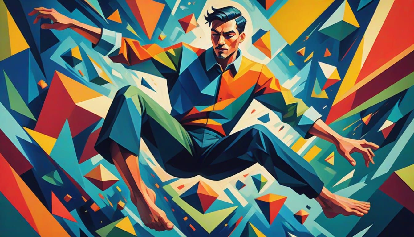 Geometric Person Floats in Cubist Fauvism Style