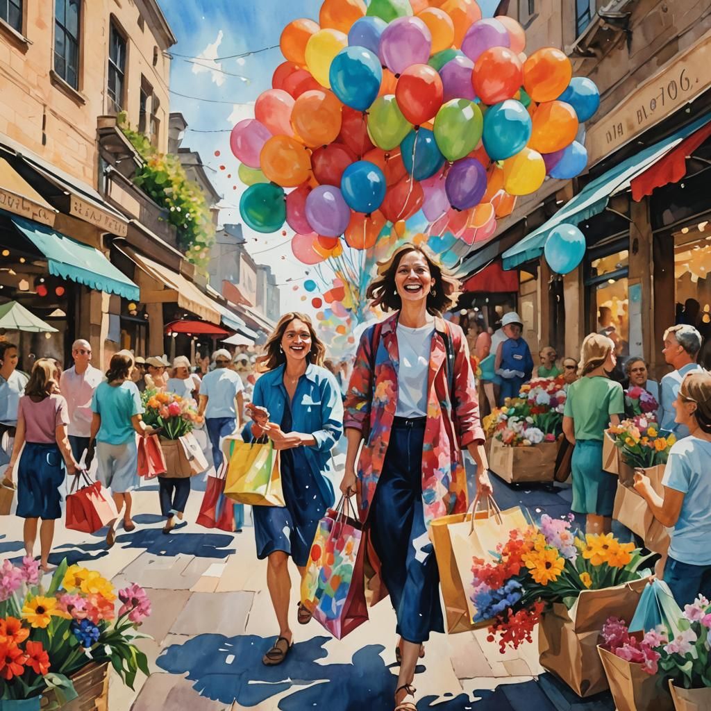 Joyful Woman Shopping: Vibrant Gouache Watercolor