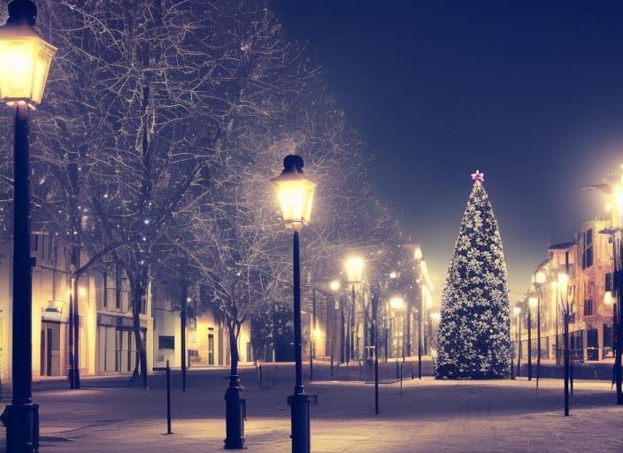 Christmas Tree on City Street at Night