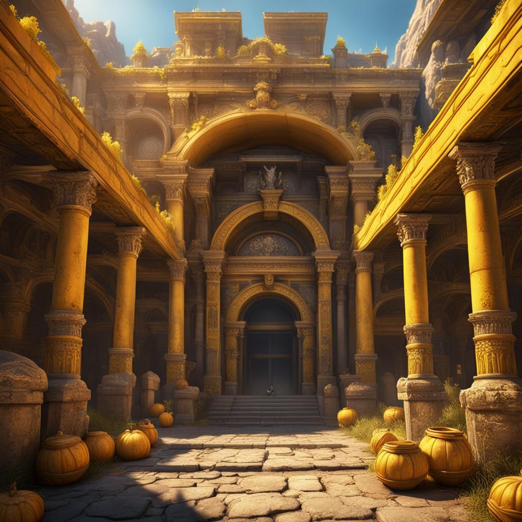 Yellow Roman Market Grand Entrance: Detailed Matte Painting